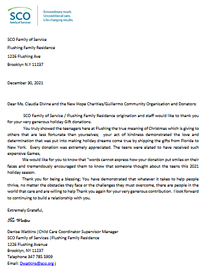 General Thank you donation letter New Hope Charities Guillermo